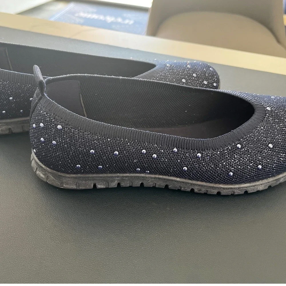 Kinetic Women's Navy Blue Embellished Knit Slip‎ On Ballet Flats